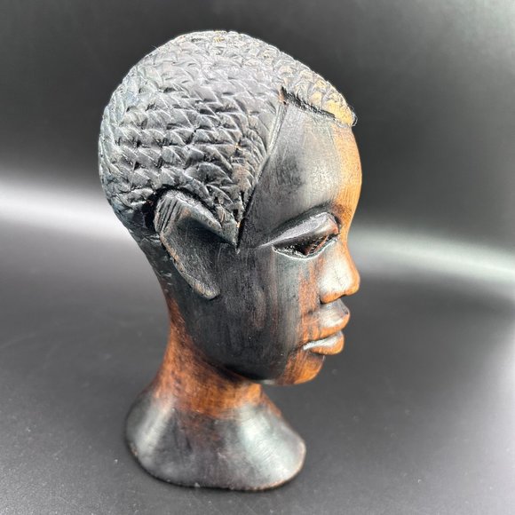 Hand Carved Wooden Male African Head Statue Approx 6" x 3" x 2.5" Decor Accents - Picture 4 of 14